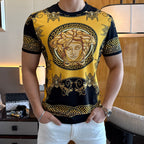 Graphic T-shirt with gold portrait and Greek key trim, black sleeves