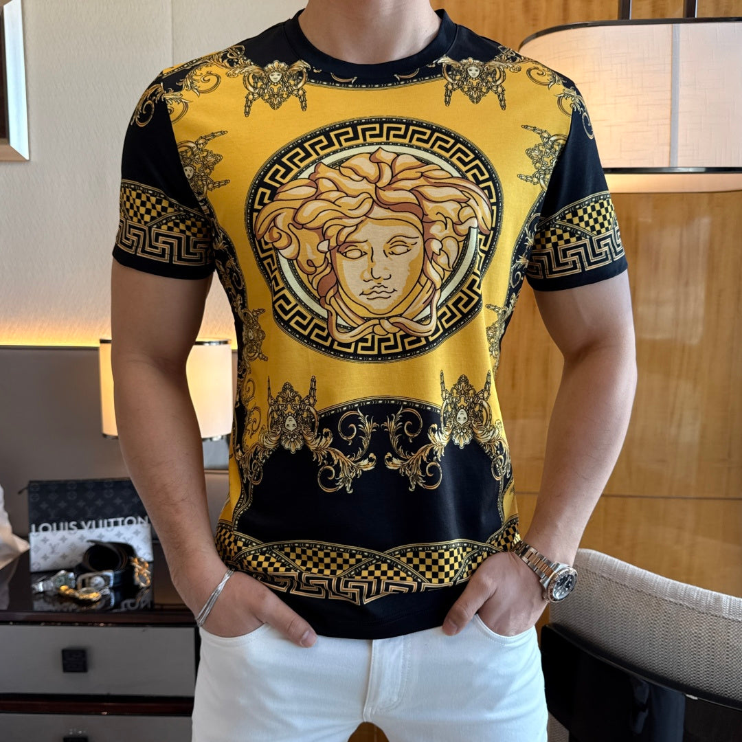 Graphic T-shirt with gold portrait and Greek key trim, black sleeves
