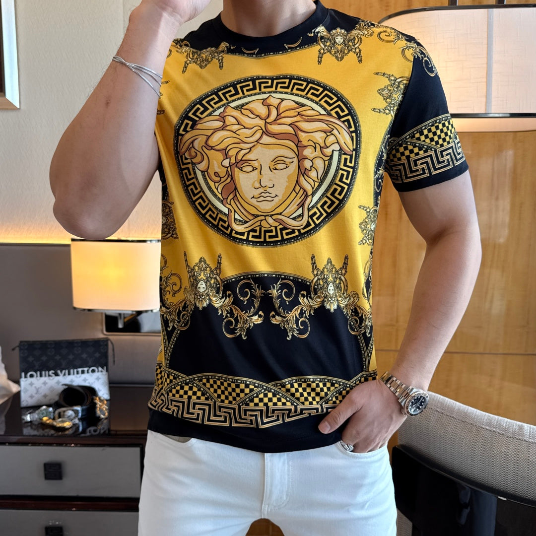 Graphic T-shirt with gold portrait medallion and Greek key sleeve cuff detail