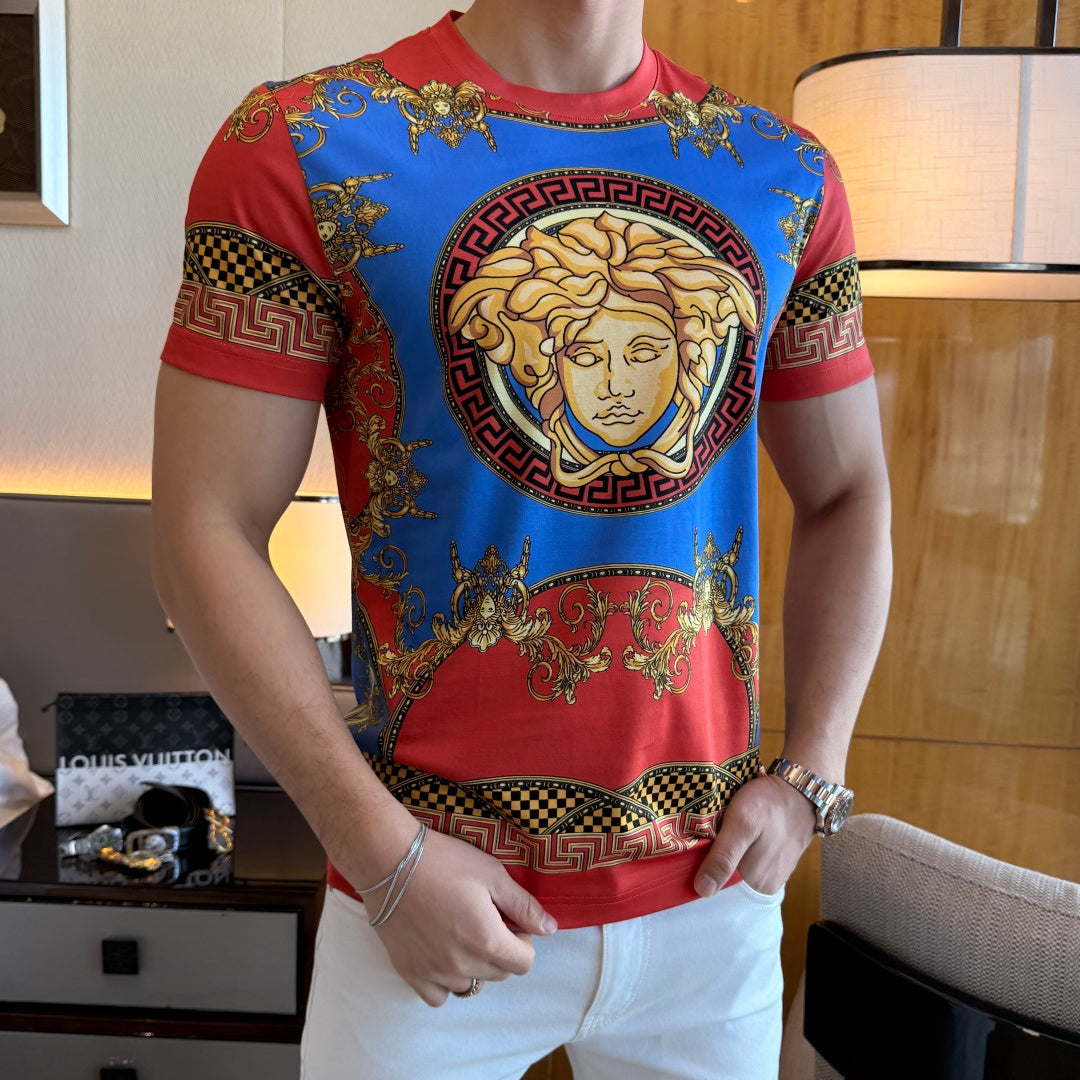 Versace T-shirt with blue front and red panels, featuring a gold face emblem