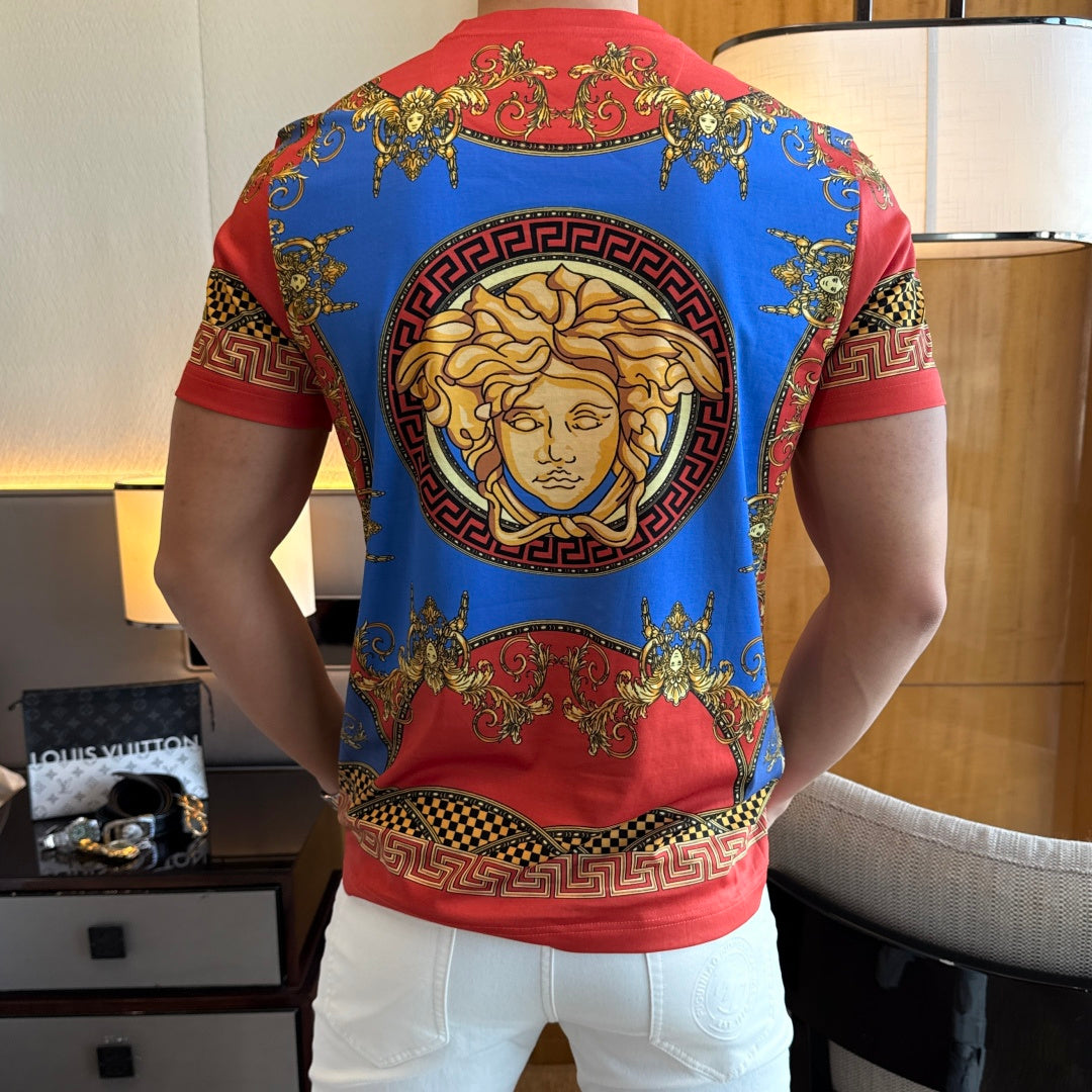 Versace T-shirt back view with blue-and-red design and gold face medallion