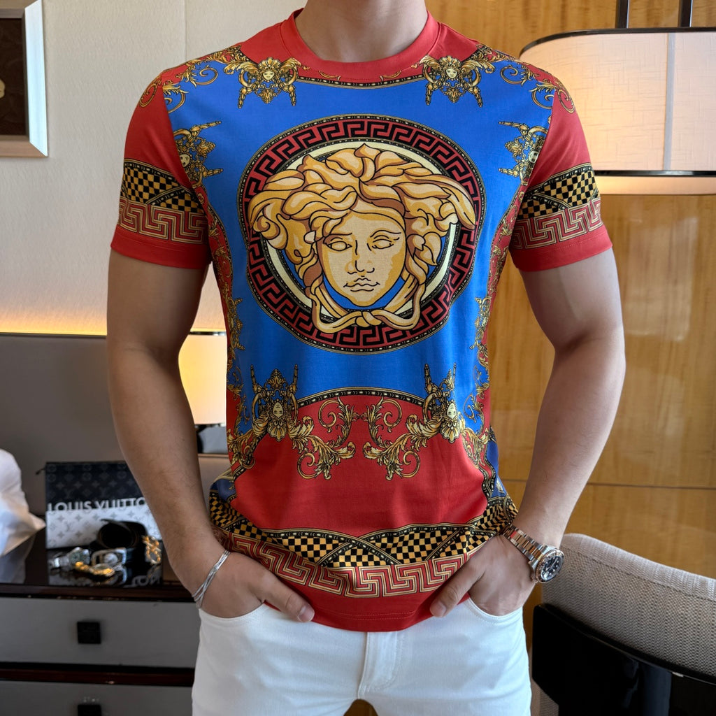 Versace T-shirt with blue body, red sleeves, and ornate gold face graphic
