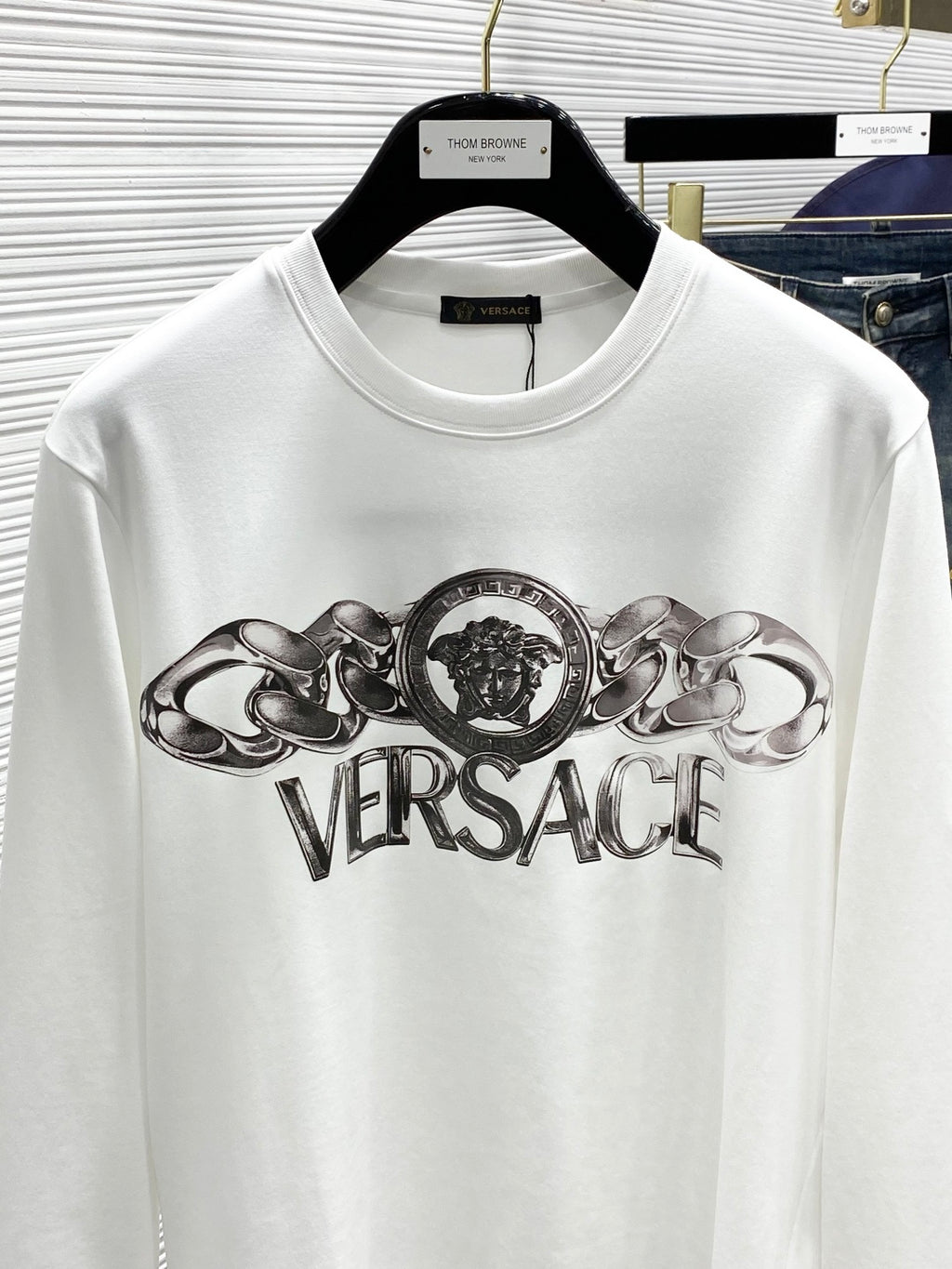 Versace white crewneck T-shirt front with oversized Versace logo print