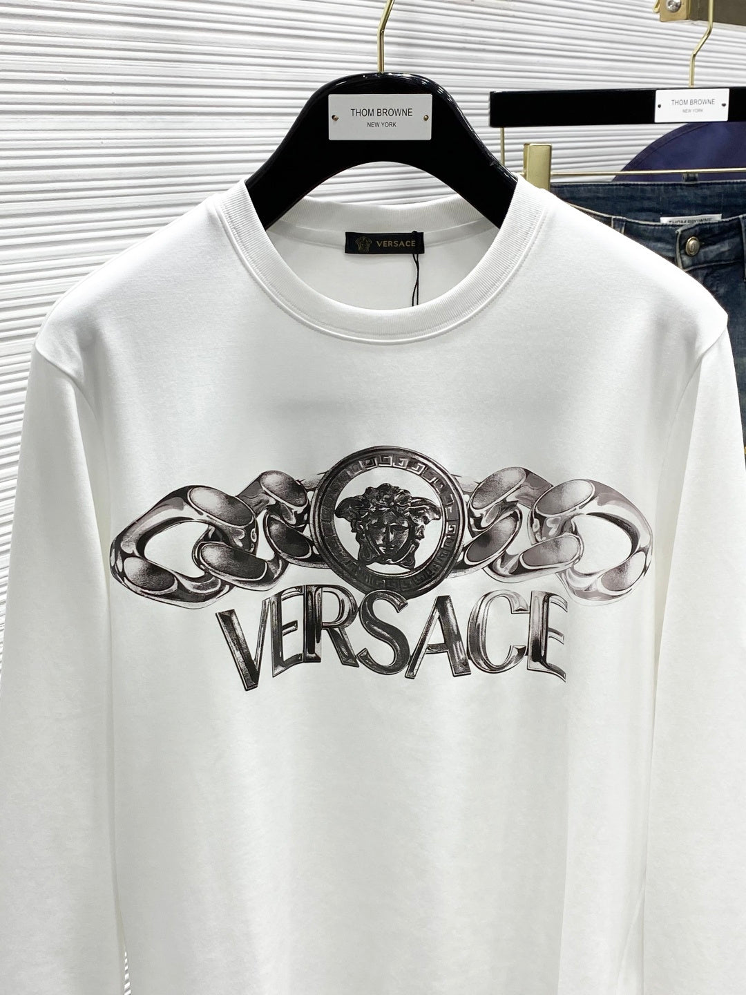 Versace white crewneck T-shirt front with oversized Versace logo print