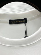 Versace white crewneck T-shirt neckline with Versace logo label detail