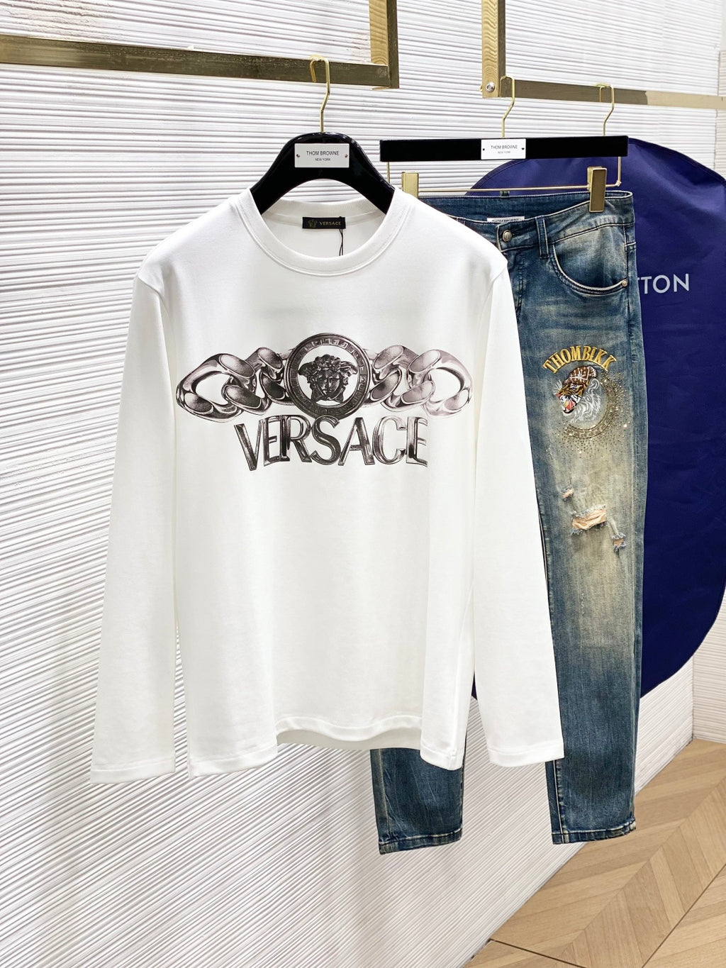 Versace white crewneck T-shirt with large metallic logo graphic