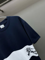 Burberry short-sleeve T-shirt with navy shoulders, white front stripe and horse print
