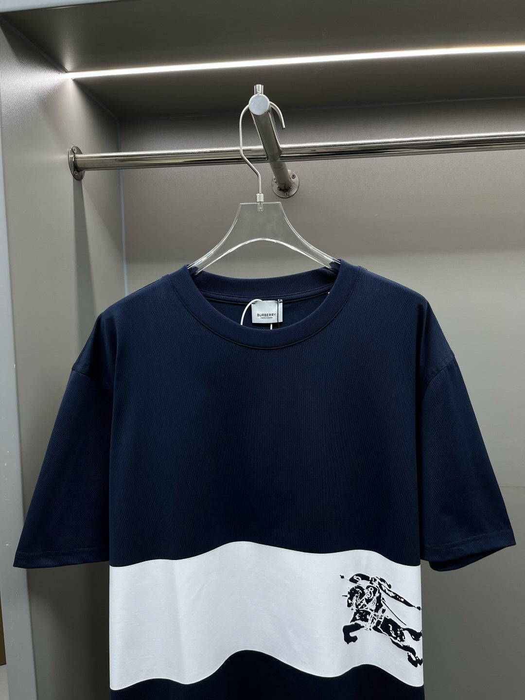 Burberry short-sleeve T-shirt, navy with white band and horse rider print