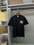 Black short-sleeve T-shirt with red and white horse logo on chest