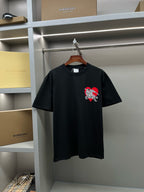 Black short-sleeve T-shirt with red and white horse logo on chest