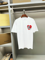 White short-sleeve T-shirt with red knight graphic on left chest