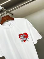 White short-sleeve T-shirt with red and black knight graphic detail