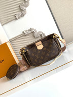 Louis Vuitton crossbody bag with monogram canvas and gold chain shoulder strap