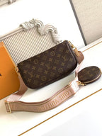 Louis Vuitton crossbody bag with monogram print, adjustable strap, and gold clasp