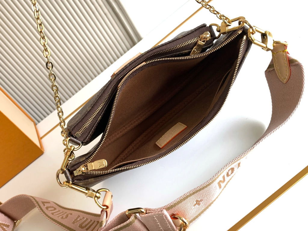 Louis Vuitton crossbody bag interior view with zipper and brown lining