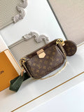 Louis Vuitton monogram crossbody bag with gold chain strap and zipper closure