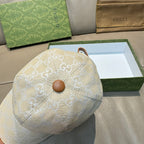 Gucci cap with beige GG monogram fabric and tan round button at back.