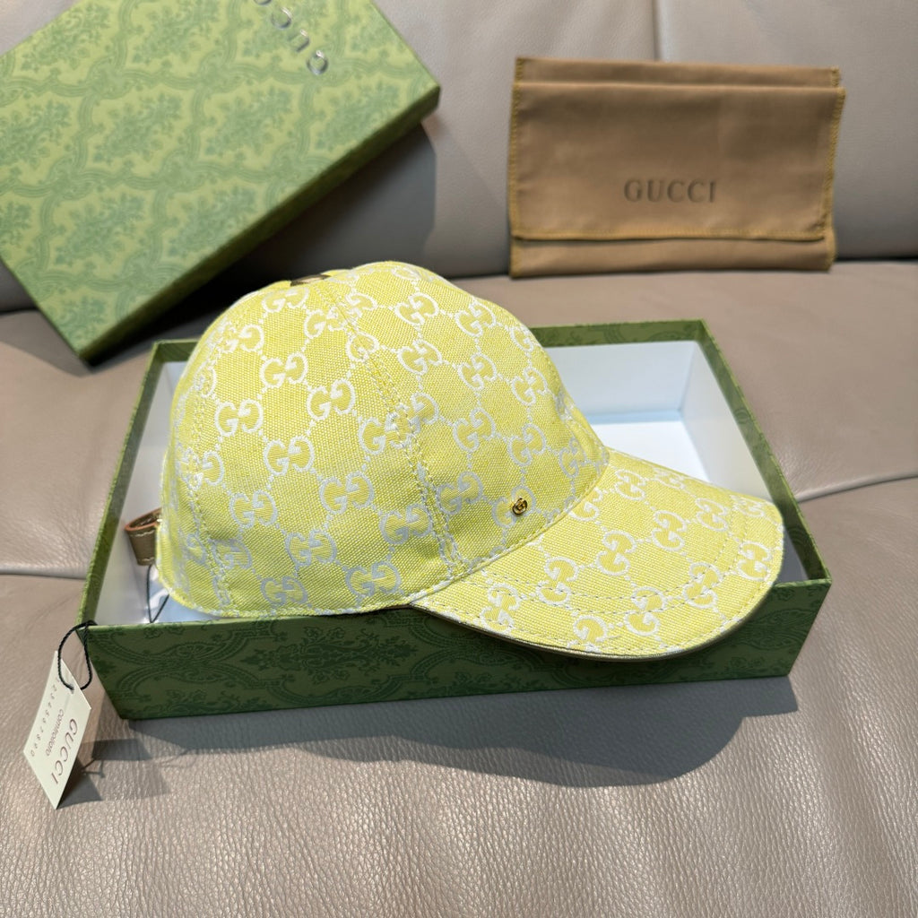 Gucci cap yellow with white GG pattern, curved crown and brim