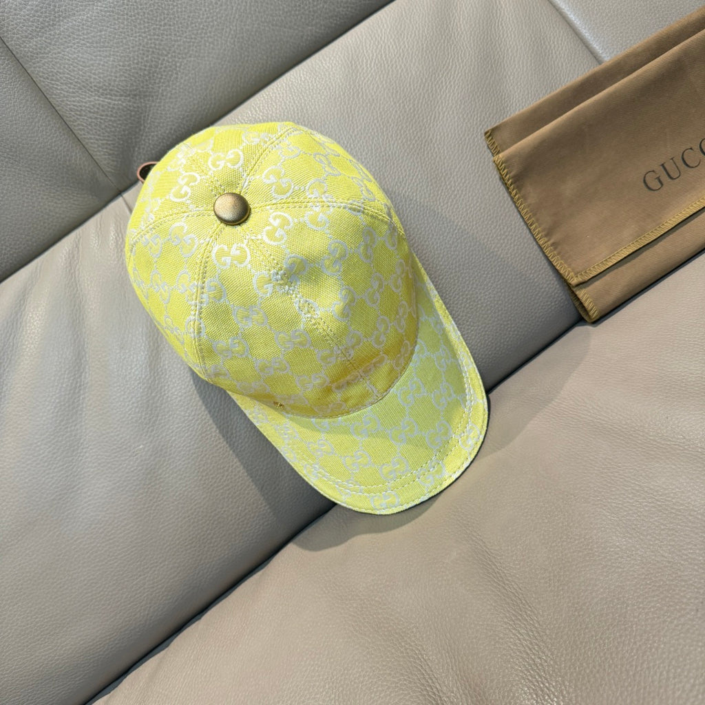 Gucci cap yellow with white GG monogram, adjustable strap and small metal button