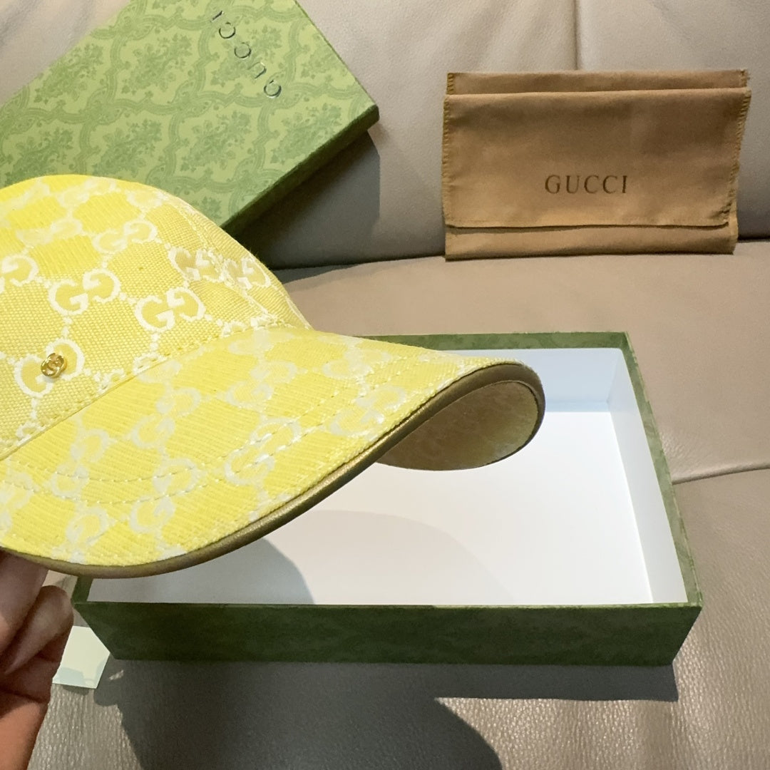 Gucci cap yellow GG monogram fabric, side profile with brim and stitching