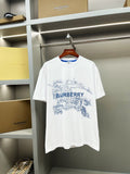 White short-sleeve T-shirt with blue Burberry-style splash logo print