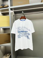 White short-sleeve T-shirt with blue Burberry-style splash logo print