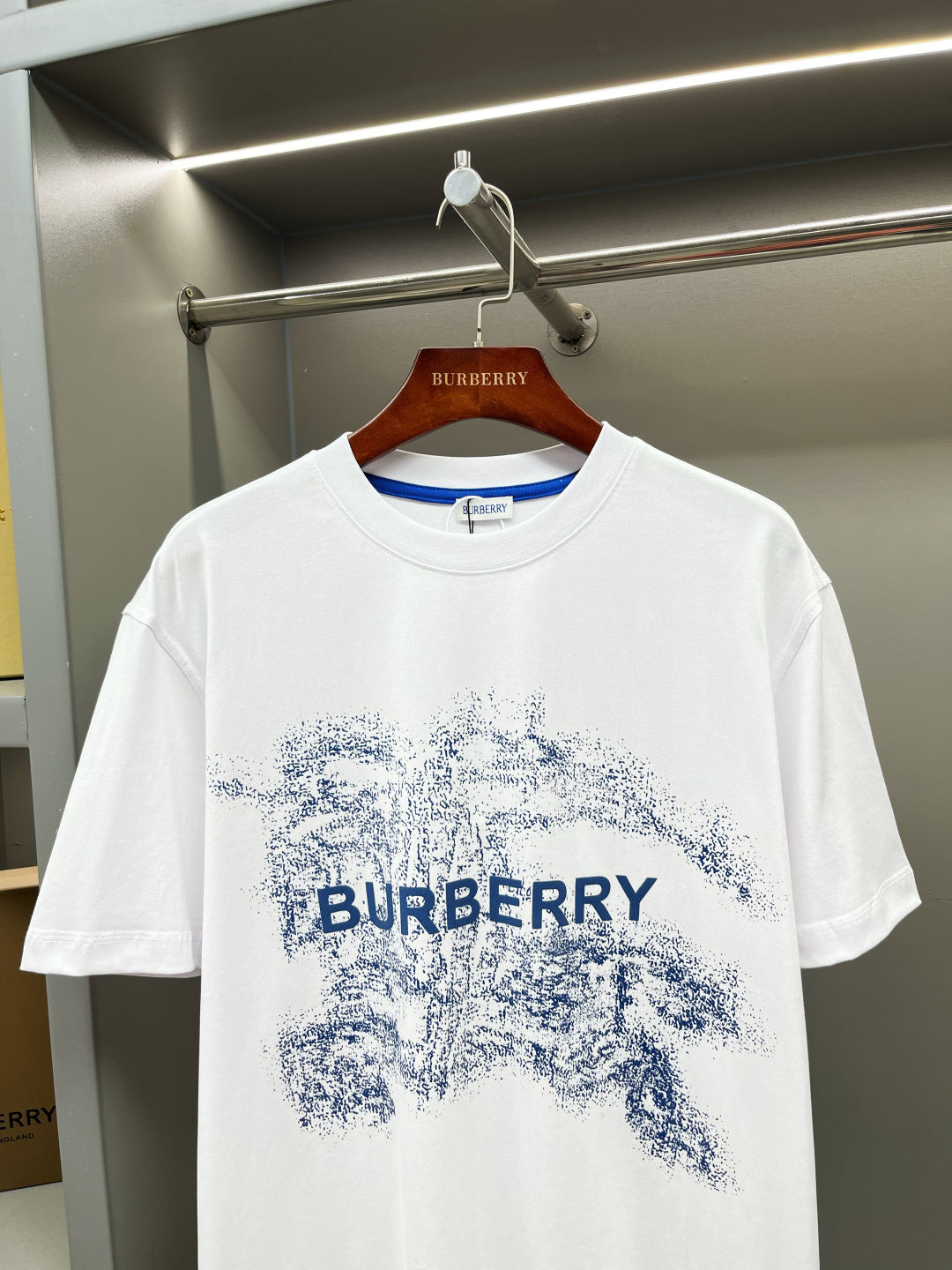 White crewneck T-shirt with blue Burberry logo splash print
