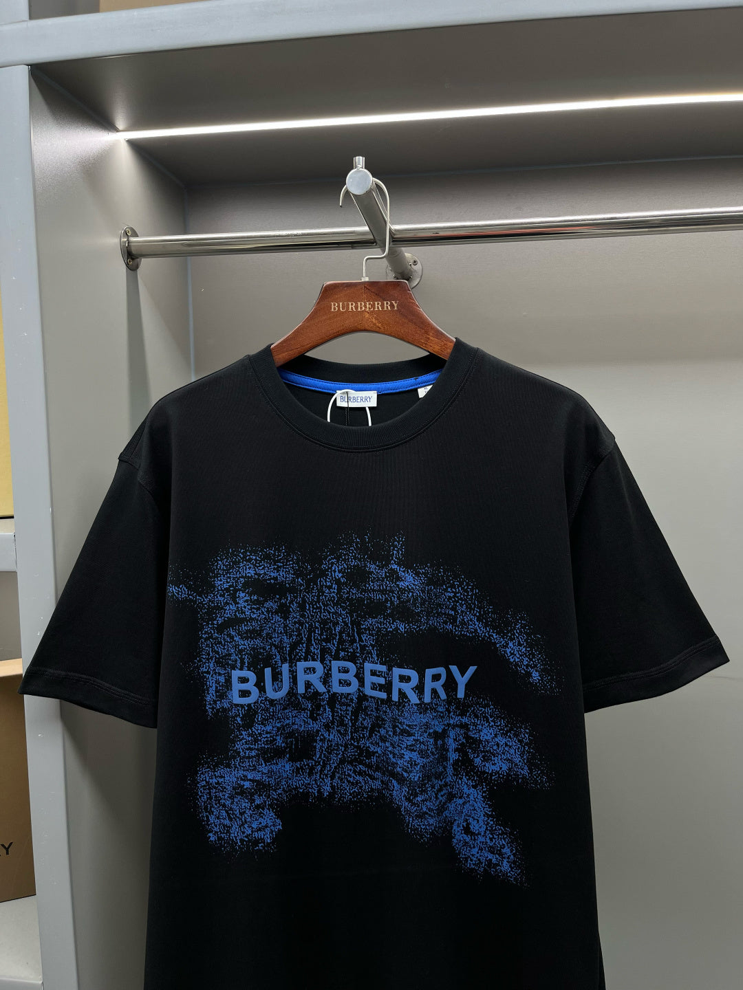 Black Burberry T-shirt with large blue logo graphic across front