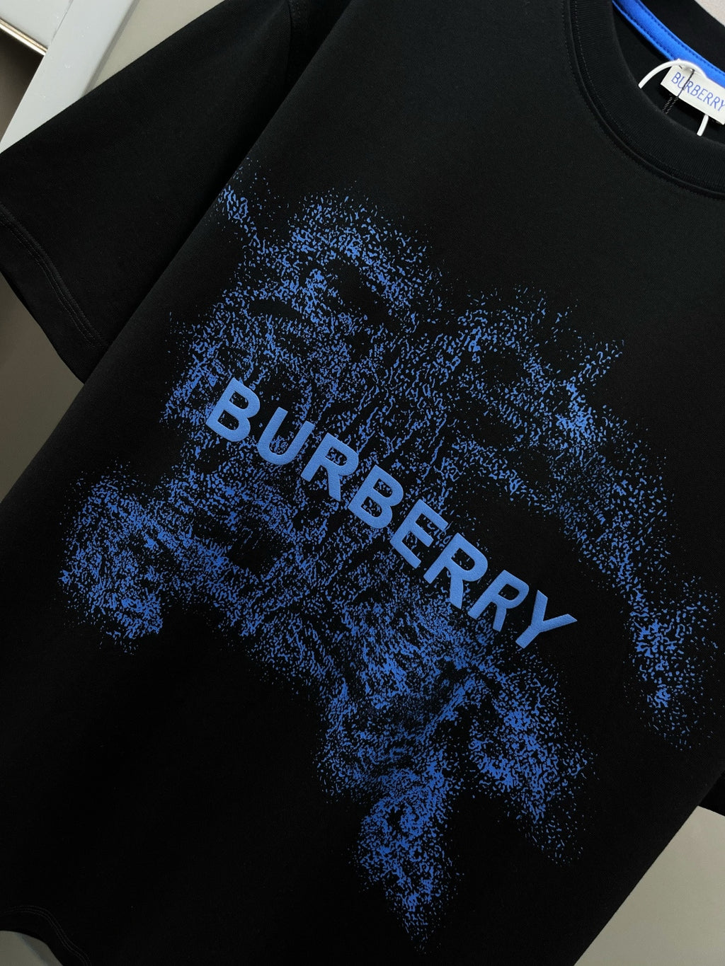 Black Burberry T-shirt with blue distressed Burberry logo print