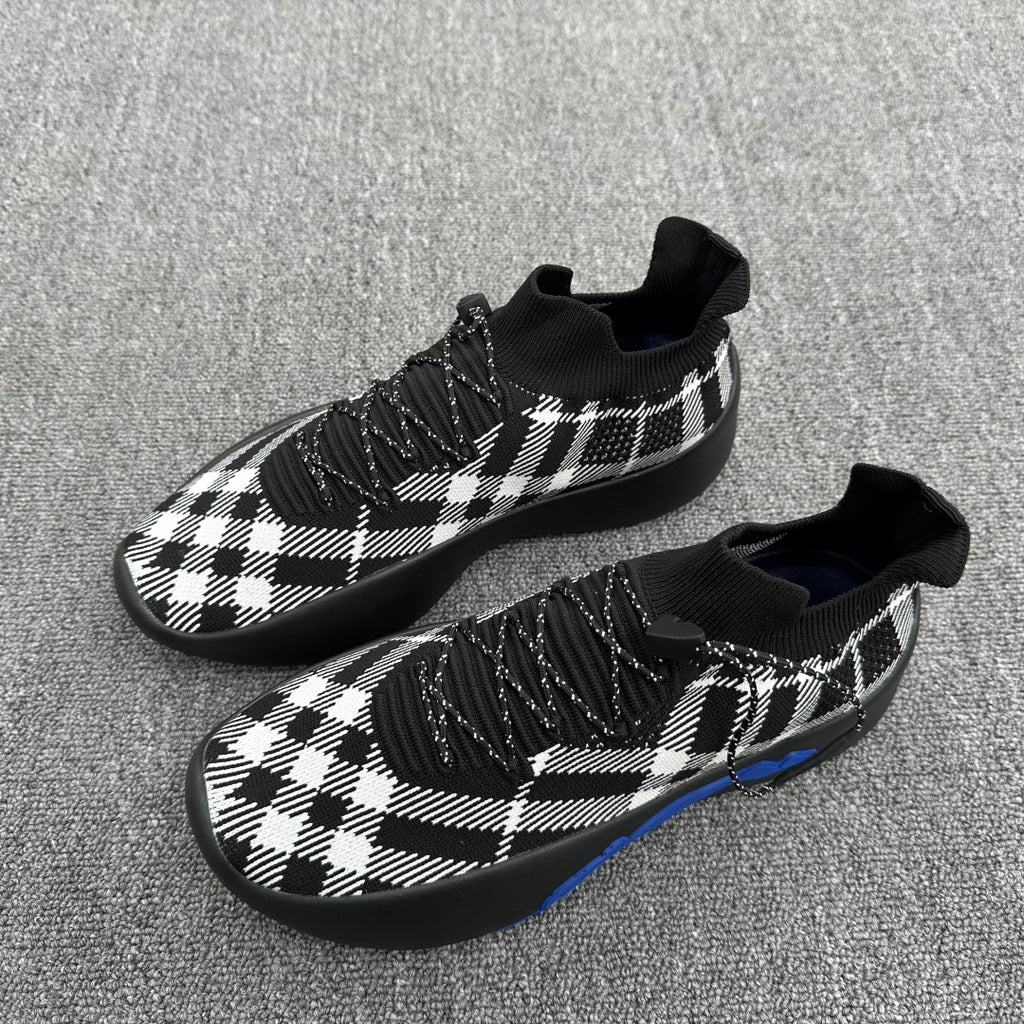 Burberry check knit sneakers with black sock collar and textured black rubber sole