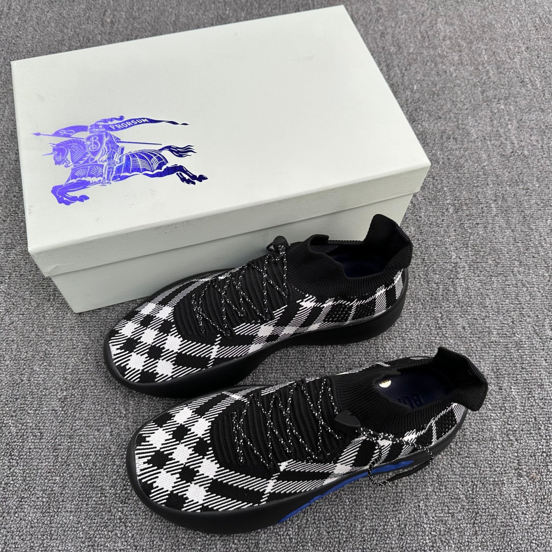 Burberry knit sneakers with black-and-white check pattern, black sole, lace-up style