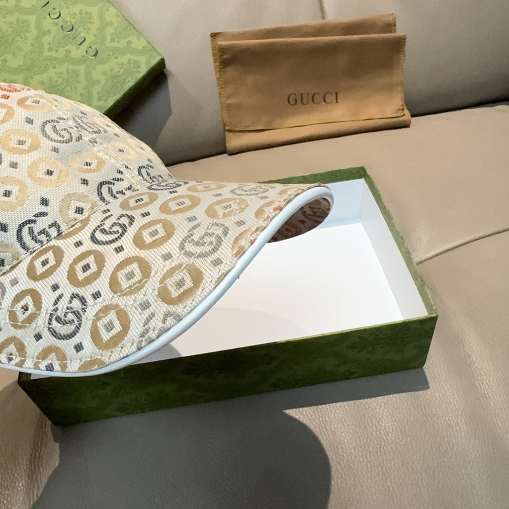 Gucci GG-pattern baseball cap, underside view with white trim and curved brim.