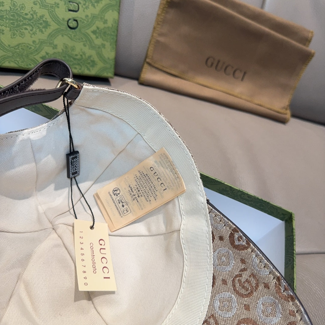 Monogram baseball cap interior with white lining and hanging brand tags