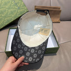 Gucci cap with dark gray GG monogram pattern and visible inner lining