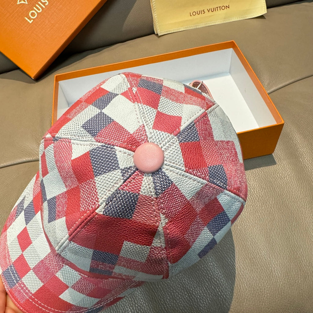 Louis Vuitton checkered cap close-up with round top button