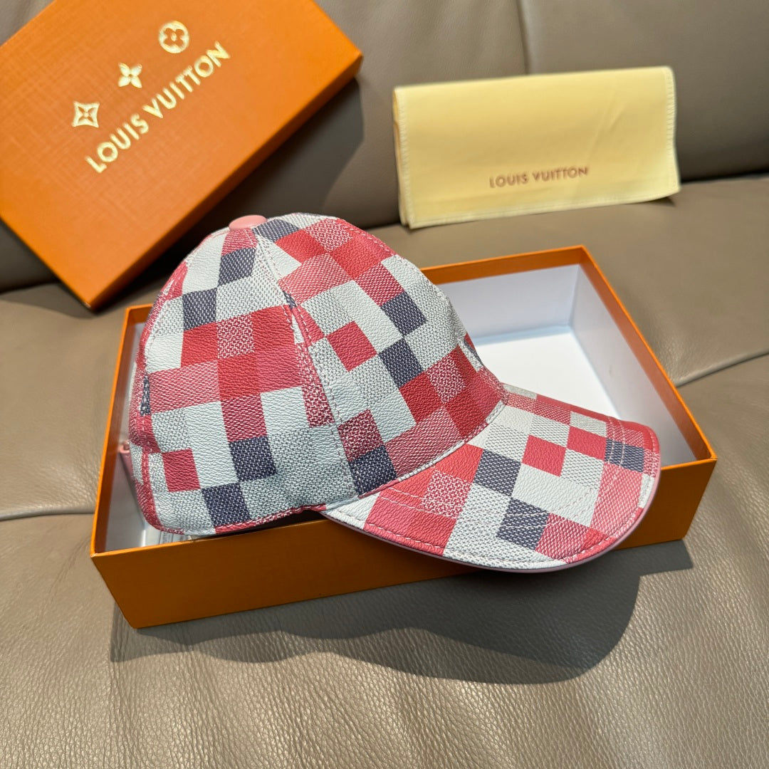 Louis Vuitton checkered baseball cap, red and blue plaid, side view