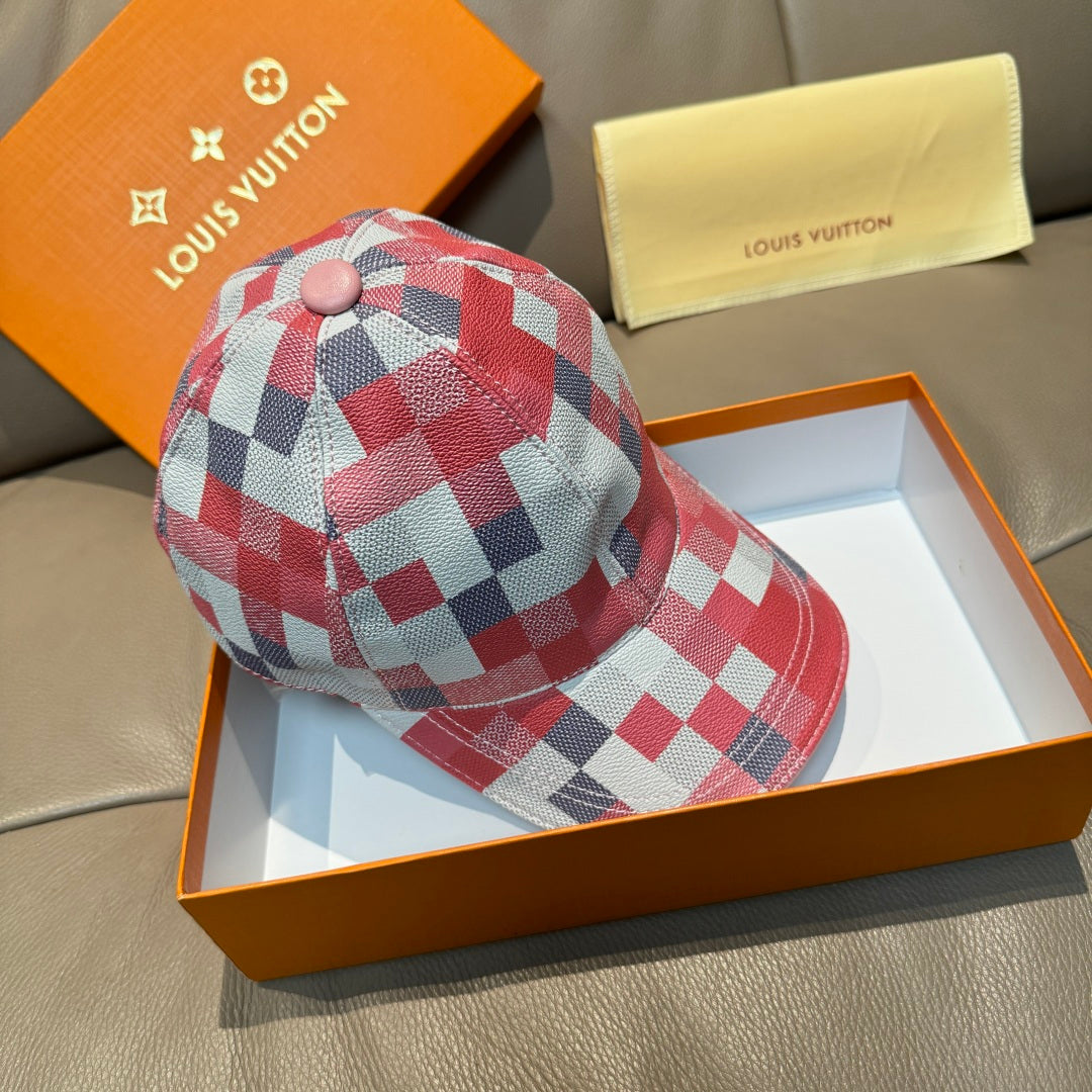 Louis Vuitton checkered baseball cap, red/blue plaid, angled view