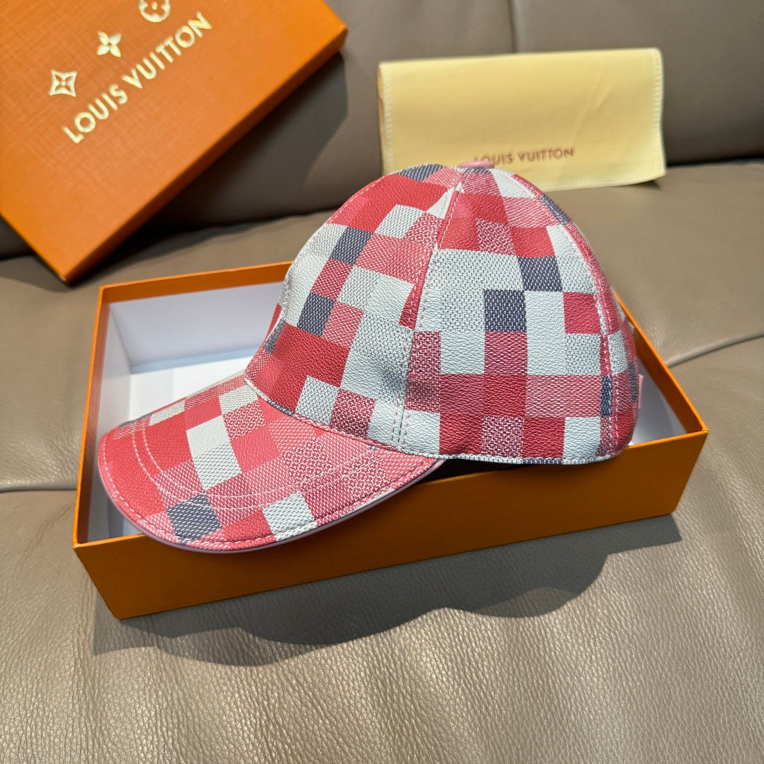 Louis Vuitton checkered baseball cap, red and blue plaid, front view