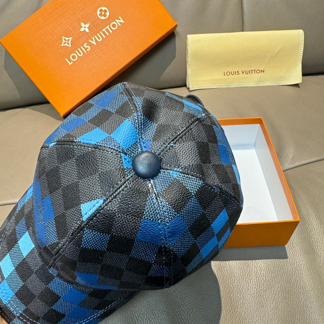 Louis Vuitton checkered cap with blue crown button and curved brim