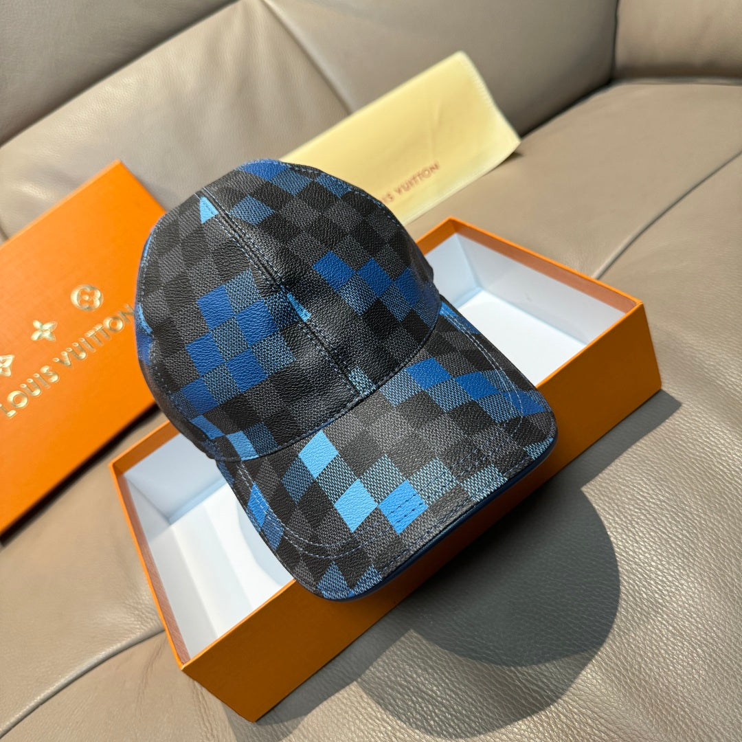 Louis Vuitton checkered cap in blue and gray with curved brim