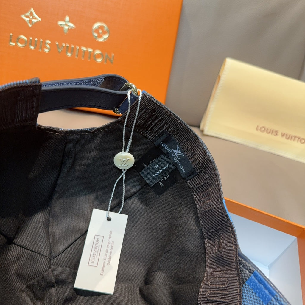Louis Vuitton cap interior view with adjustable strap and hanging tag