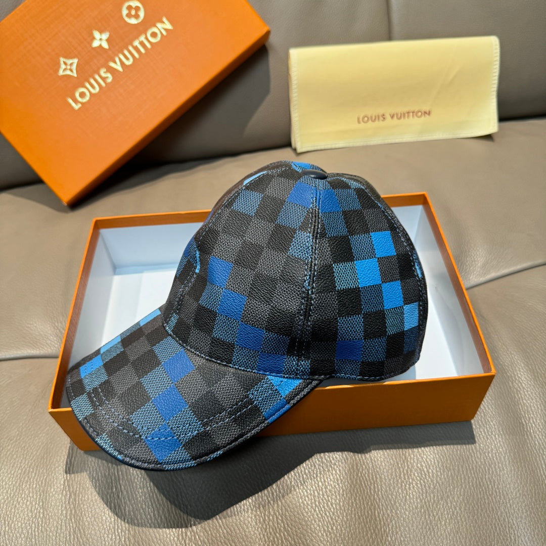 Louis Vuitton checkered cap with curved brim and stitched front in blue-gray