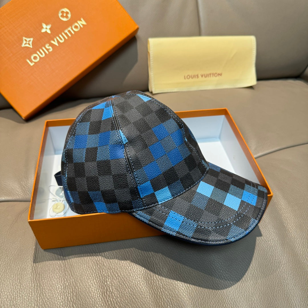 Louis Vuitton blue-gray checkered cap with curved brim and side panel seams