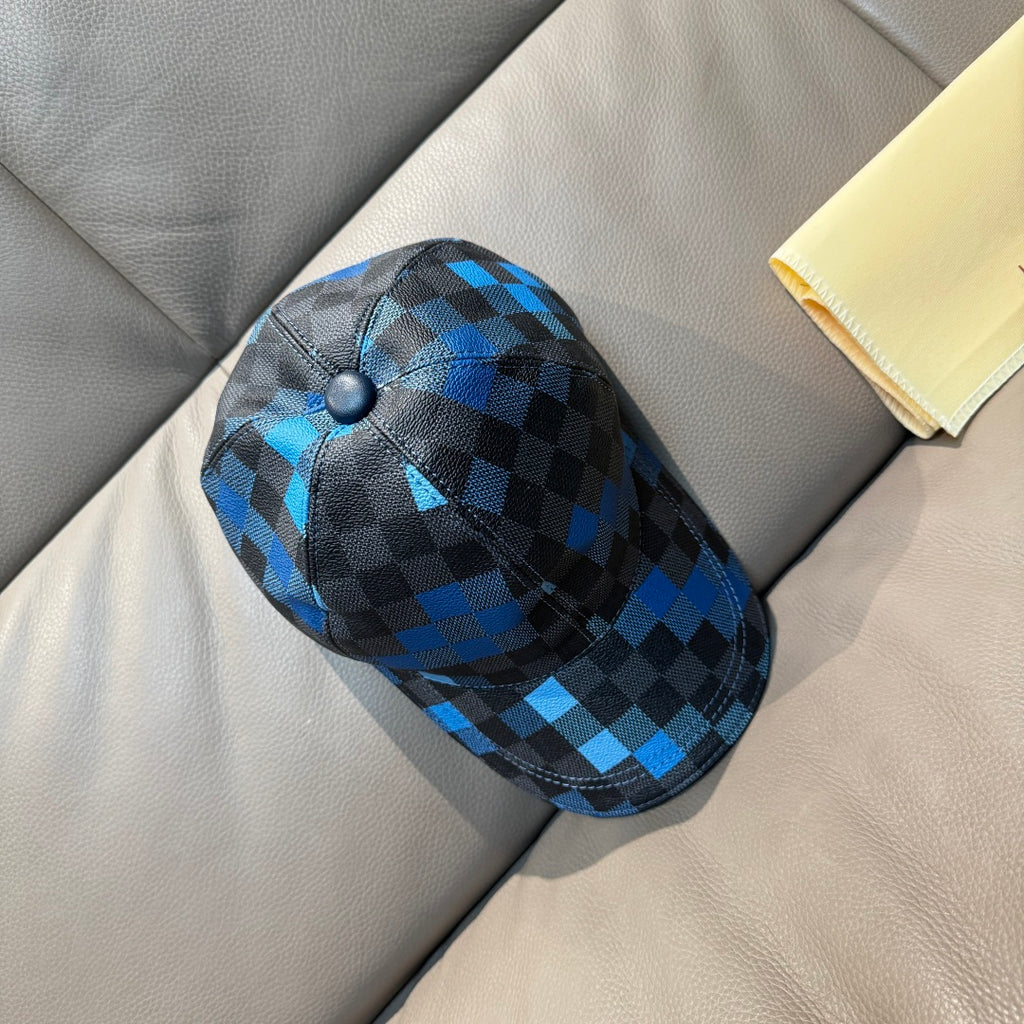 Louis Vuitton checkered baseball cap with top button in blue and dark gray