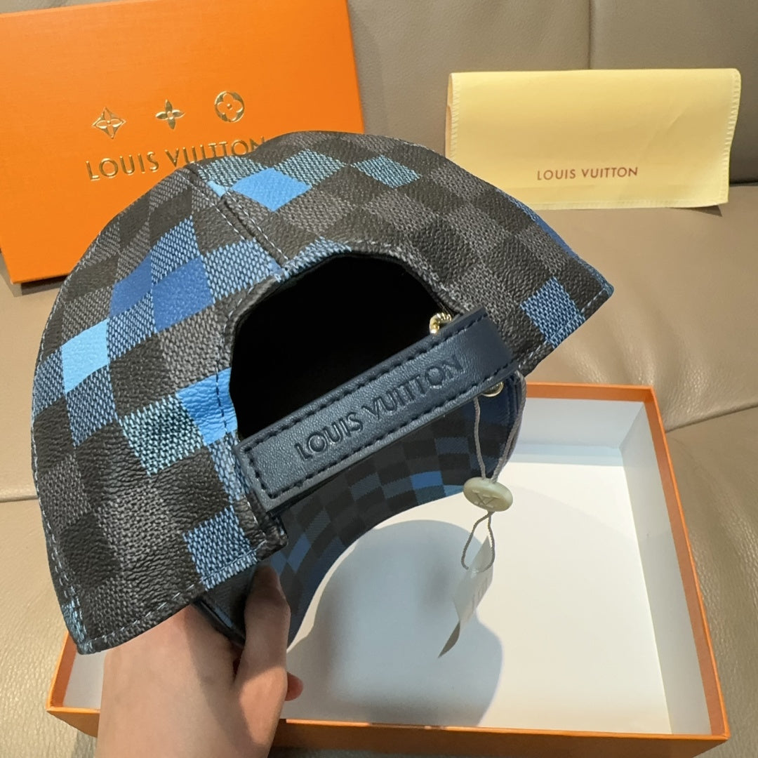 Louis Vuitton checkered cap showing interior panel and curved brim