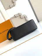 Louis Vuitton black leather shoulder bag with gold zipper and adjustable strap