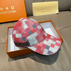 Red and white check print baseball cap with curved brim