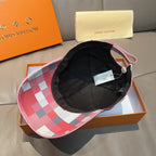 Red, white, and blue check cap interior view with black lining
