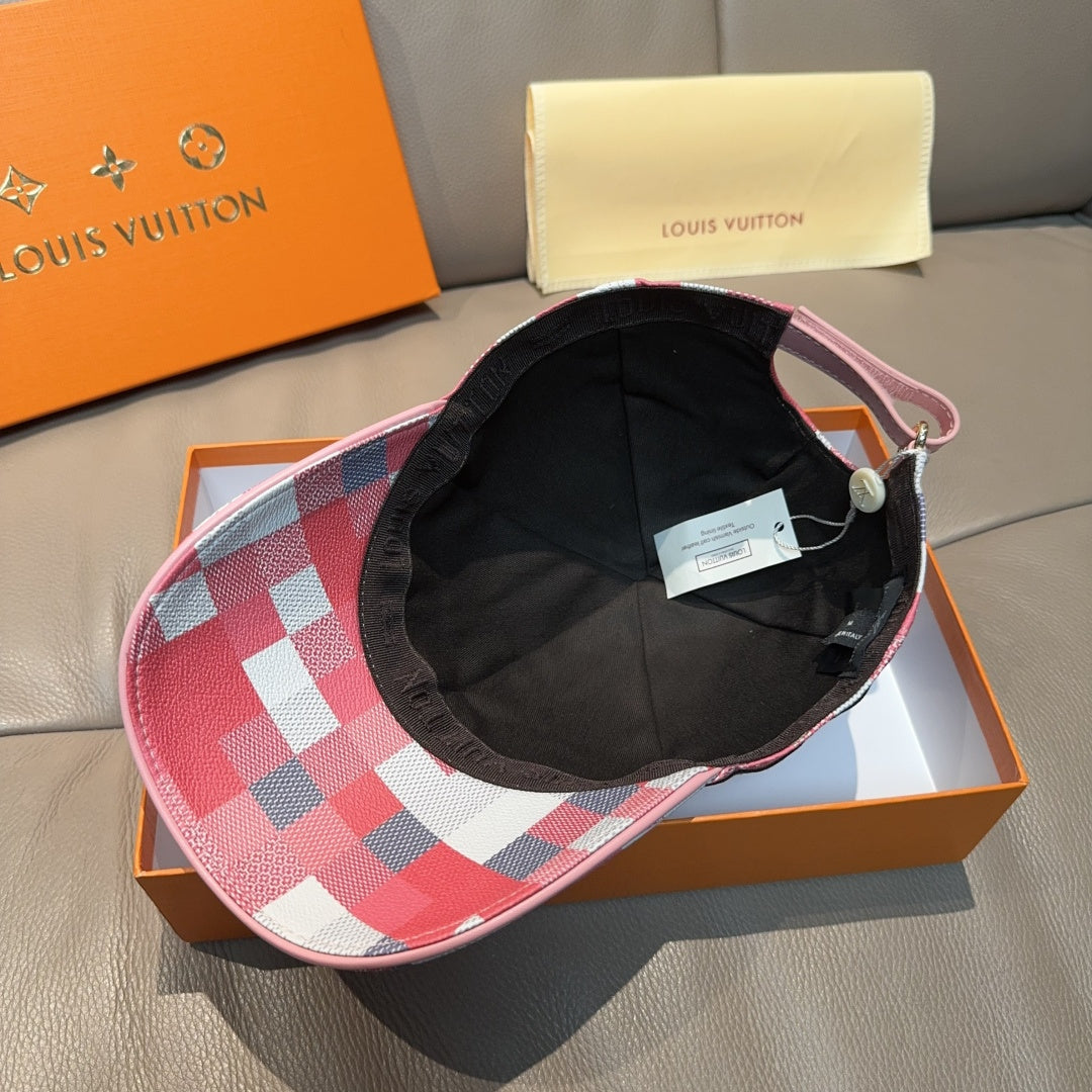 Red, white, and blue check cap interior view with black lining
