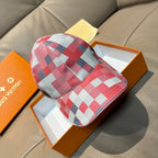 Pink, white, and blue check print baseball cap with curved brim